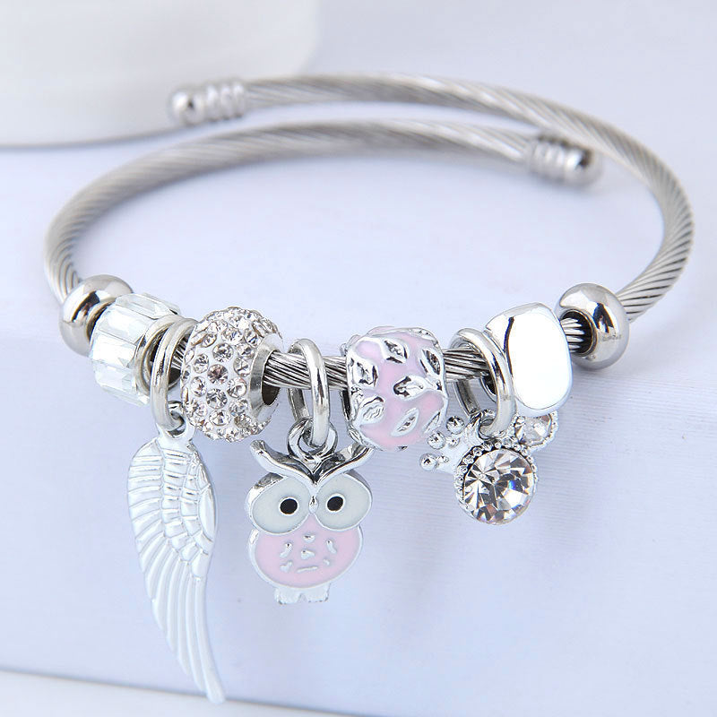 Exclusive Stainless Steel Beaded Owl Angel Wings Bracelet