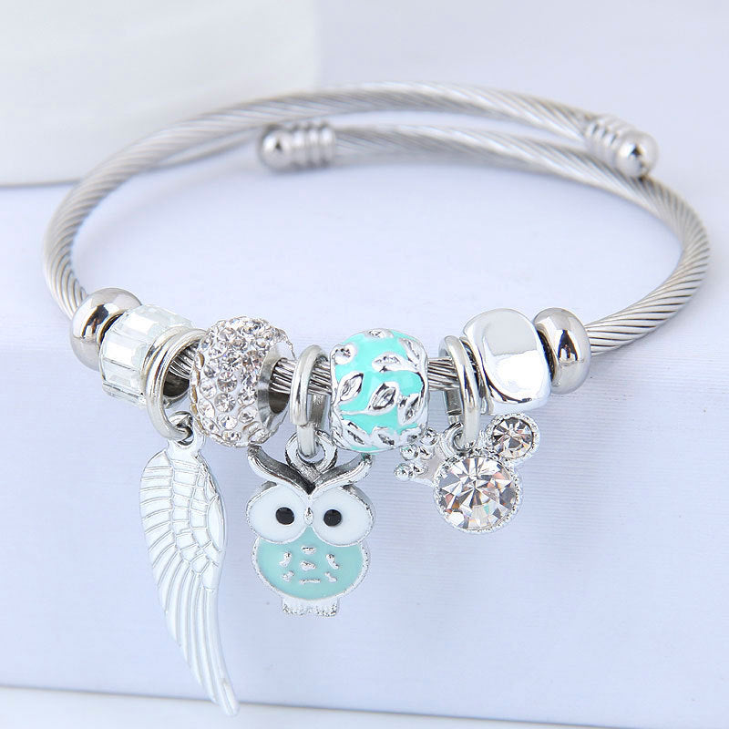 Exclusive Stainless Steel Beaded Owl Angel Wings Bracelet