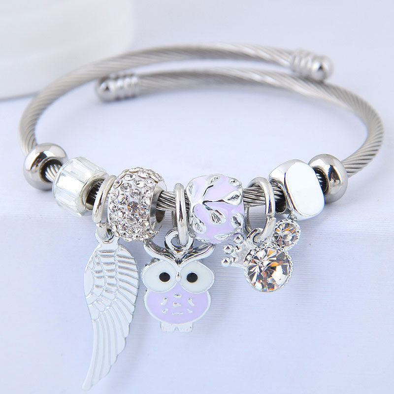 Exclusive Stainless Steel Beaded Owl Angel Wings Bracelet