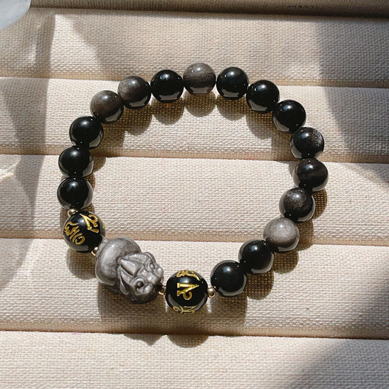 Natural Silver Stone Bracelet Men's Zodiac Anniversary Year Six Words Proverbs Beaded