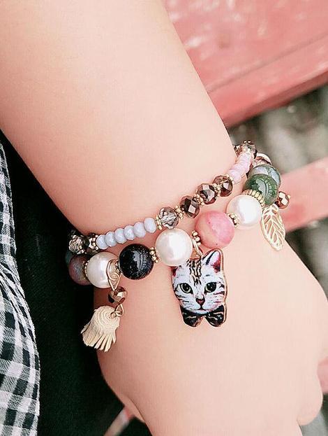 Bohemian natural stone crystal elegant temperament cat Korean version of the leaves tassel multi-element beaded bracelet