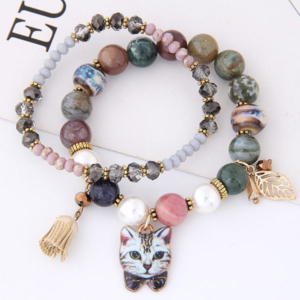 Bohemian natural stone crystal elegant temperament cat Korean version of the leaves tassel multi-element beaded bracelet