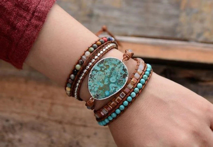 Premium Bracelet Ocean Stone Leather Multi Layer for Unisex