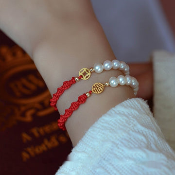 Brand Pearl Red Braided Rope Bracelet Limited 14K Gold