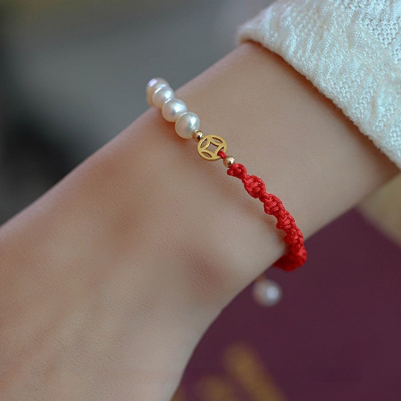 Brand Pearl Red Braided Rope Bracelet Limited 14K Gold