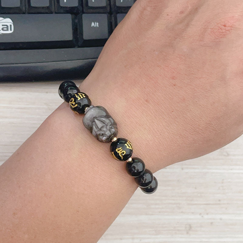 Natural Silver Stone Bracelet Men's Zodiac Anniversary Year Six Words Proverbs Beaded