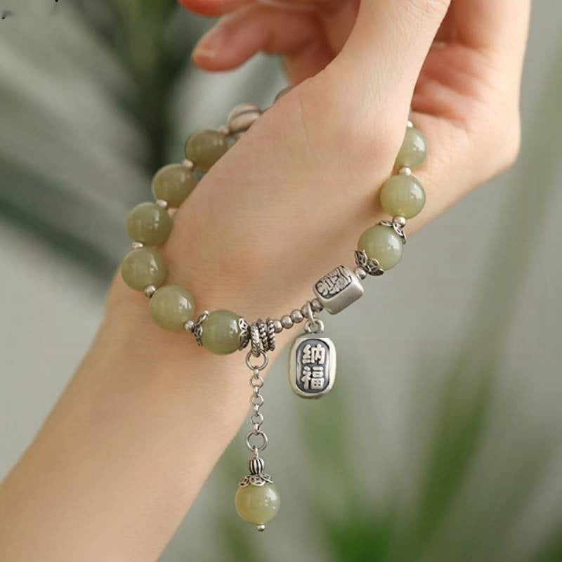 925 Silver Sunflower Seeds Pearl Blessing Bracelet Female Hetian Jade Round Beads