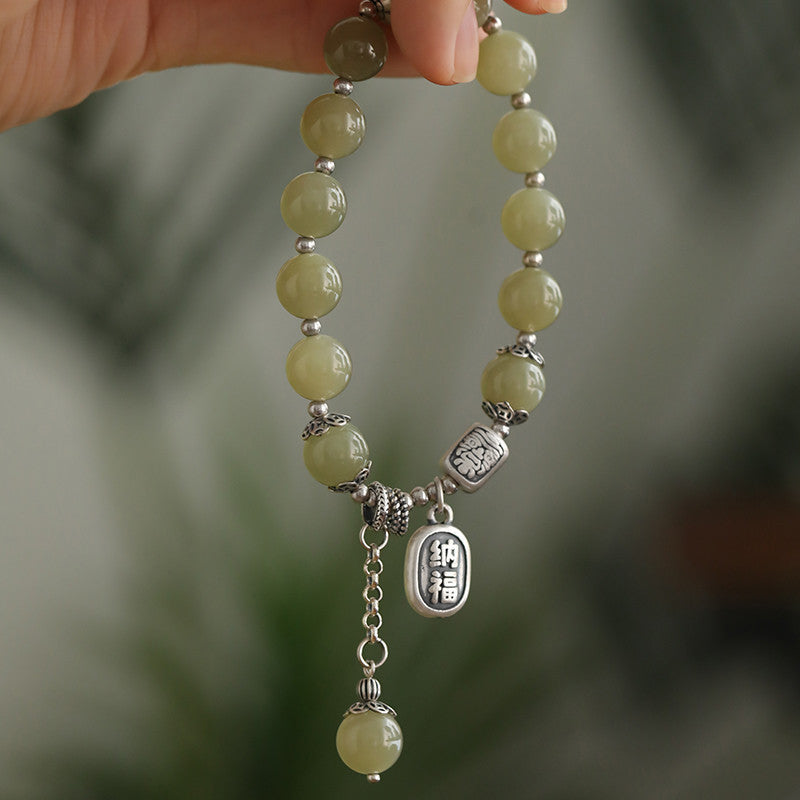925 Silver Sunflower Seeds Pearl Blessing Bracelet Female Hetian Jade Round Beads