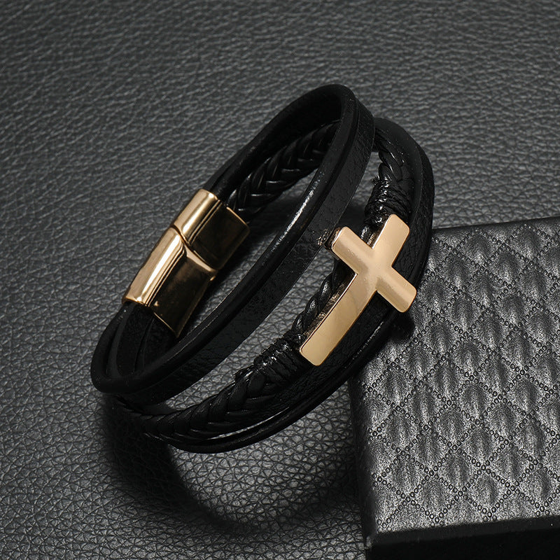 Titanium Cross Leather Bracelet Multi Layer Limited Edition