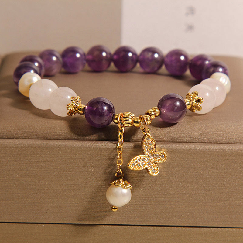 Natural Amethyst Bracelet Women's Light Luxury Minority Retro Exquisite Temperament Butterfly