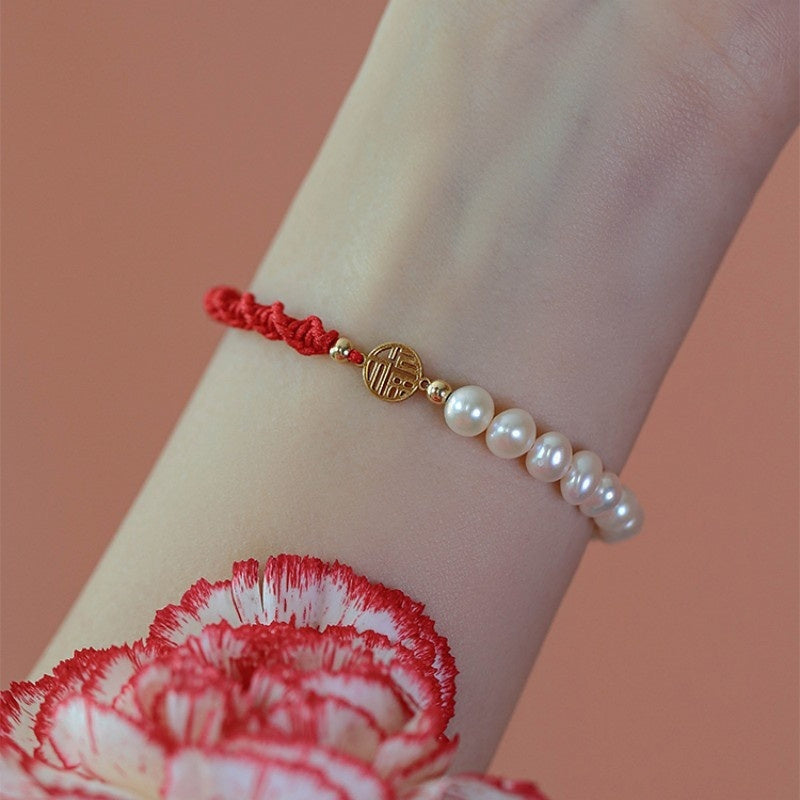 Brand Pearl Red Braided Rope Bracelet Limited 14K Gold
