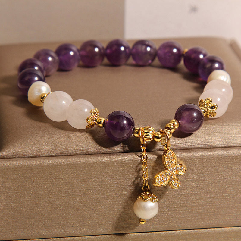 Natural Amethyst Bracelet Women's Light Luxury Minority Retro Exquisite Temperament Butterfly