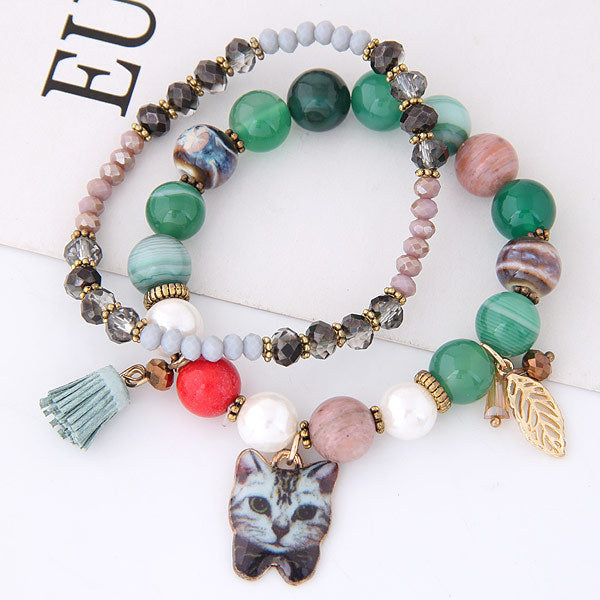Bohemian natural stone crystal elegant temperament cat Korean version of the leaves tassel multi-element beaded bracelet