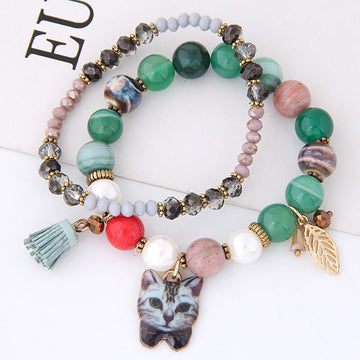 Bohemian natural stone crystal elegant temperament cat Korean version of the leaves tassel multi-element beaded bracelet