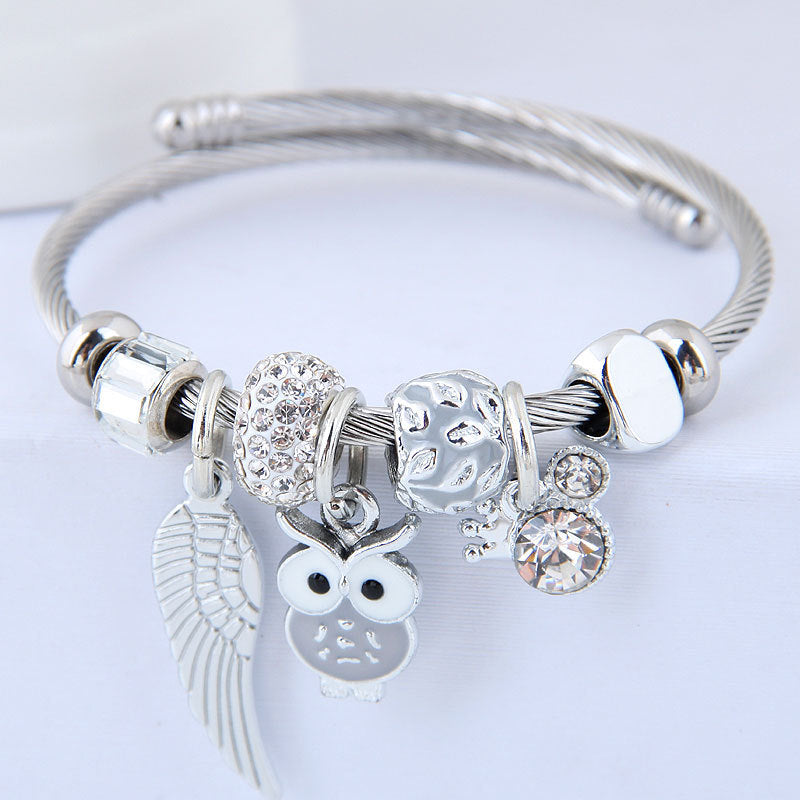 Exclusive Stainless Steel Beaded Owl Angel Wings Bracelet