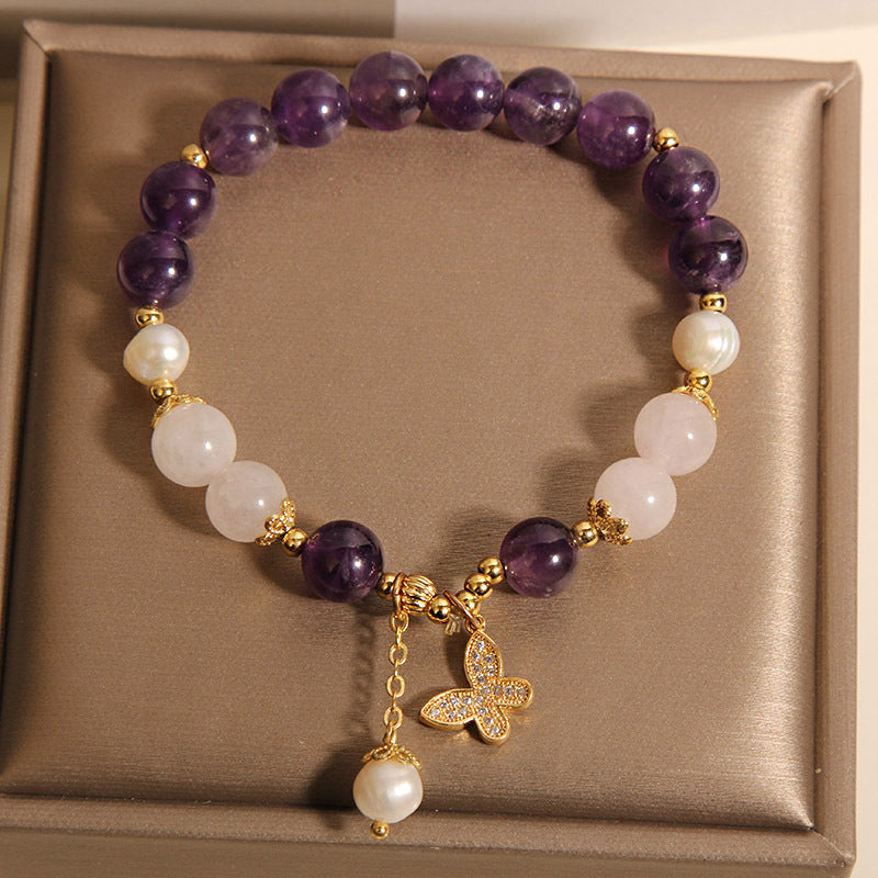 Natural Amethyst Bracelet Women's Light Luxury Minority Retro Exquisite Temperament Butterfly
