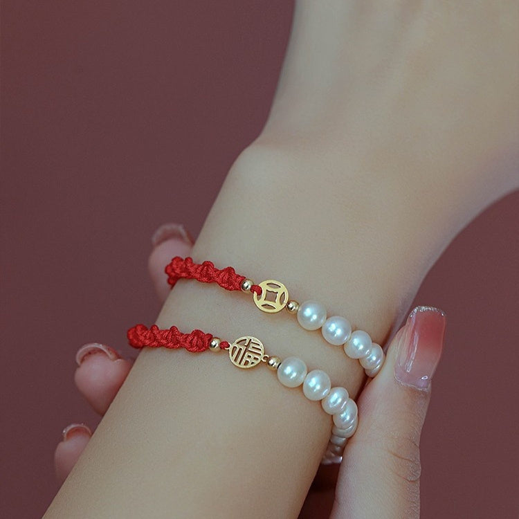 Brand Pearl Red Braided Rope Bracelet Limited 14K Gold