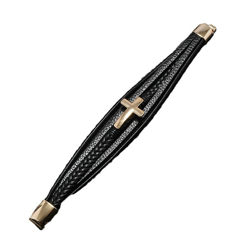 Titanium Cross Leather Bracelet Multi Layer Limited Edition