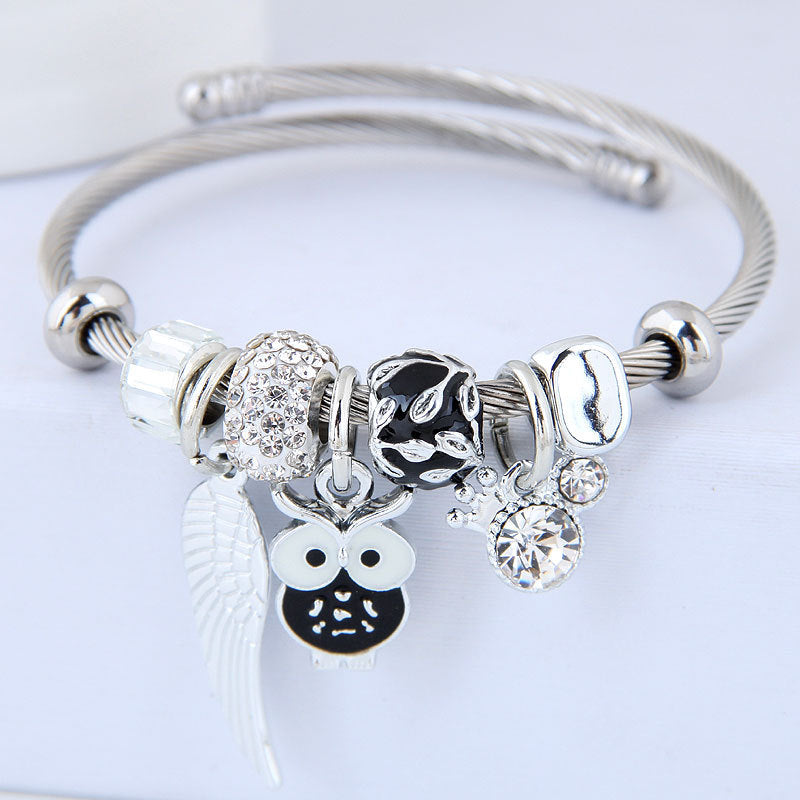 Exclusive Stainless Steel Beaded Owl Angel Wings Bracelet