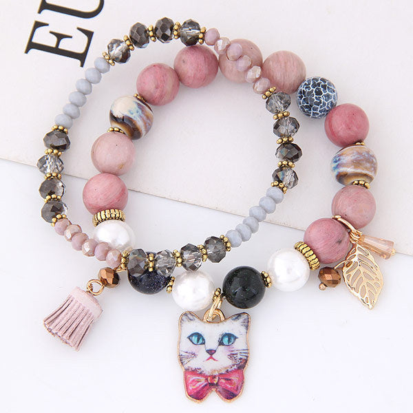 Bohemian natural stone crystal elegant temperament cat Korean version of the leaves tassel multi-element beaded bracelet