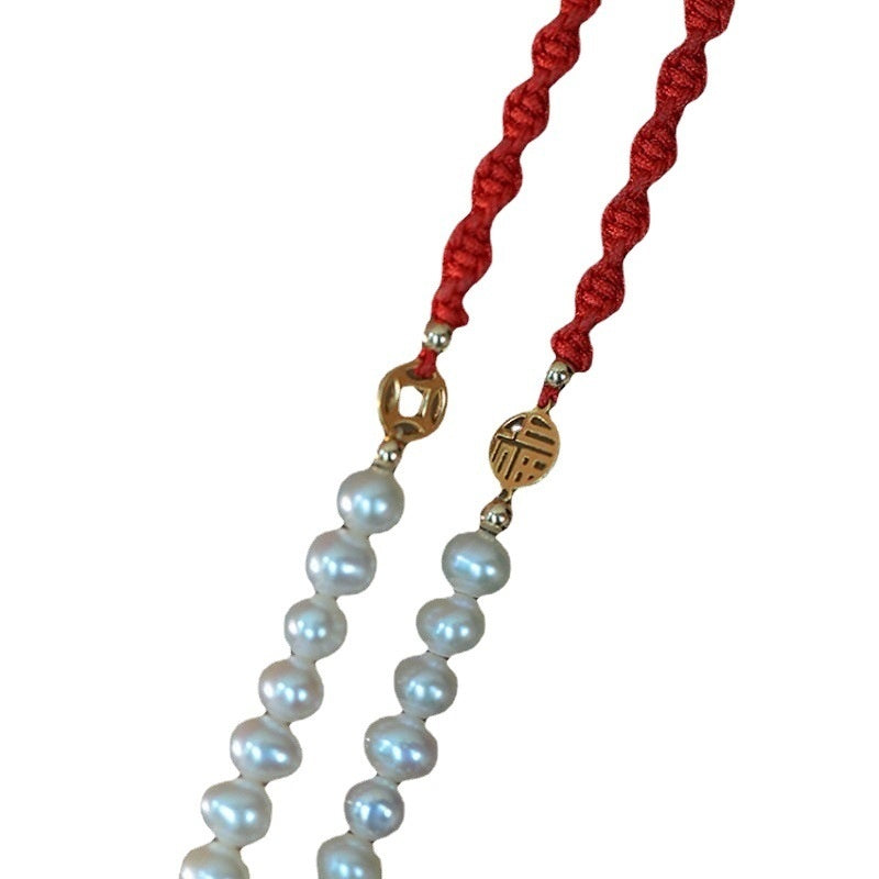 Brand Pearl Red Braided Rope Bracelet Limited 14K Gold