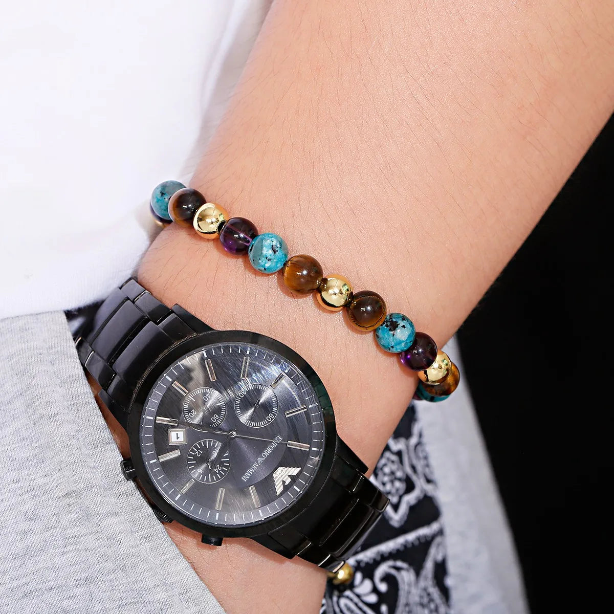 CN Zhejiang Tiger Eye Onyx Beaded Bracelet Elite Lux