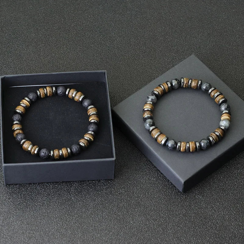 New Vintage Stone Wood Bead Bracelet Hematite Tiger Eye Men