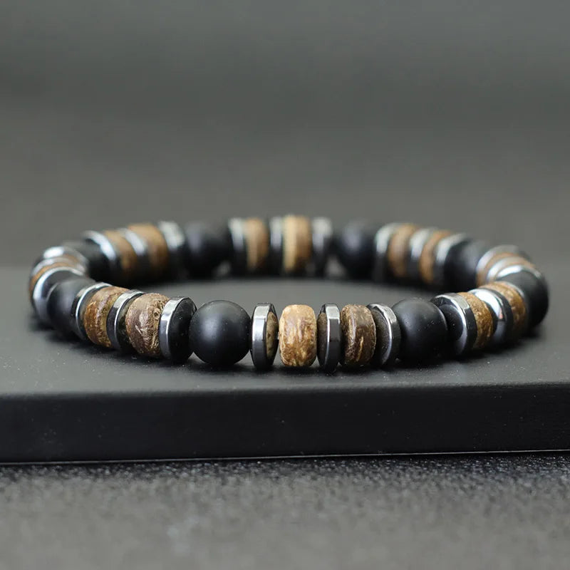 New Vintage Stone Wood Bead Bracelet Hematite Tiger Eye Men
