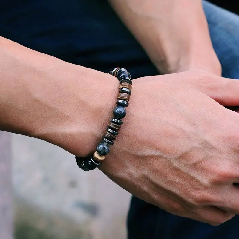 New Vintage Stone Wood Bead Bracelet Hematite Tiger Eye Men