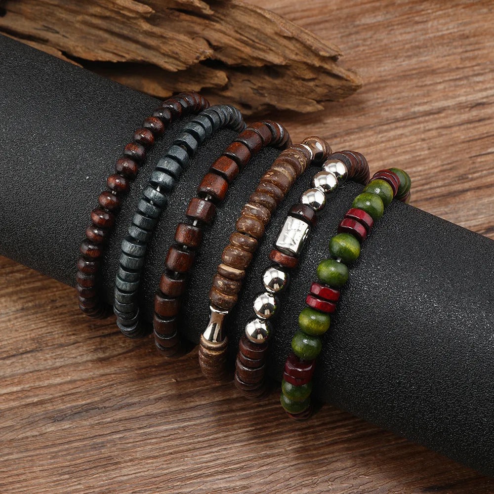 Vintage Bohemia Bracelets Beaded Wood Leaf For Men