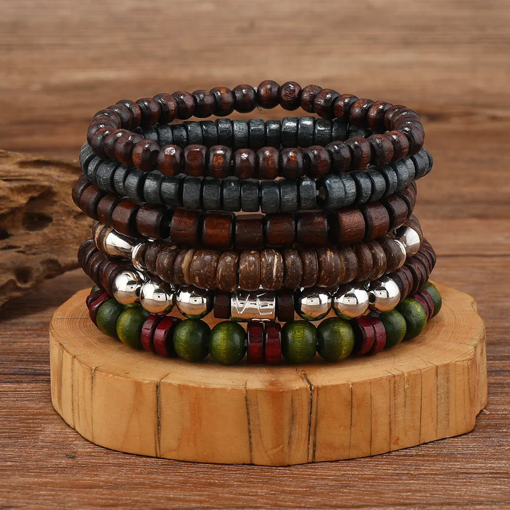 Vintage Bohemia Bracelets Beaded Wood Leaf For Men