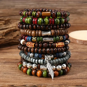 Vintage Bohemia Bracelets Beaded Wood Leaf For Men