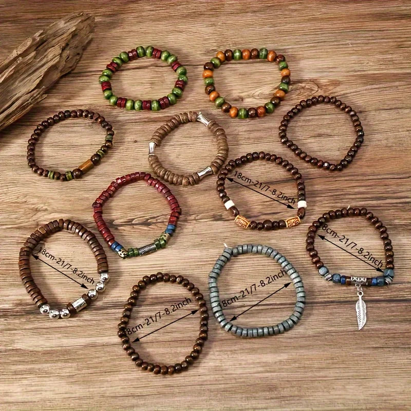 Vintage Bohemia Bracelets Beaded Wood Leaf For Men