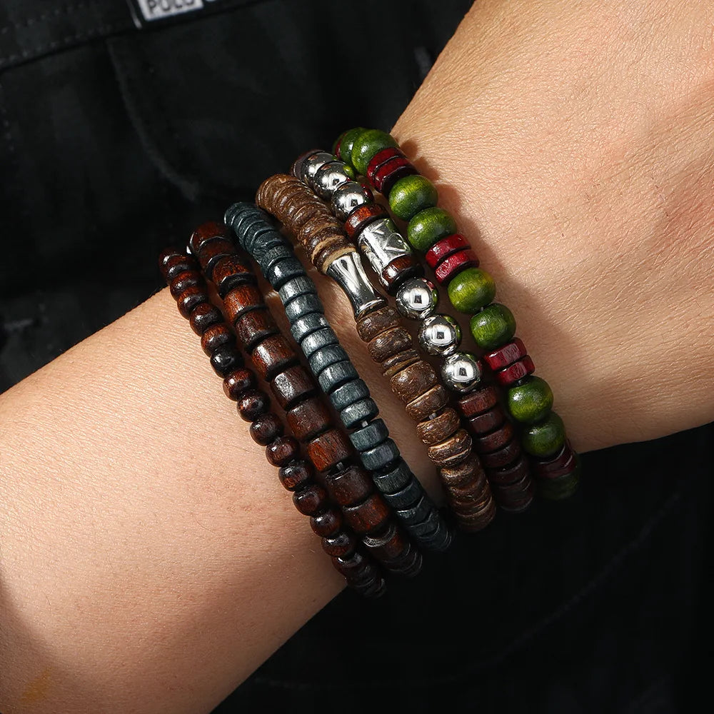 Vintage Bohemia Bracelets Beaded Wood Leaf For Men