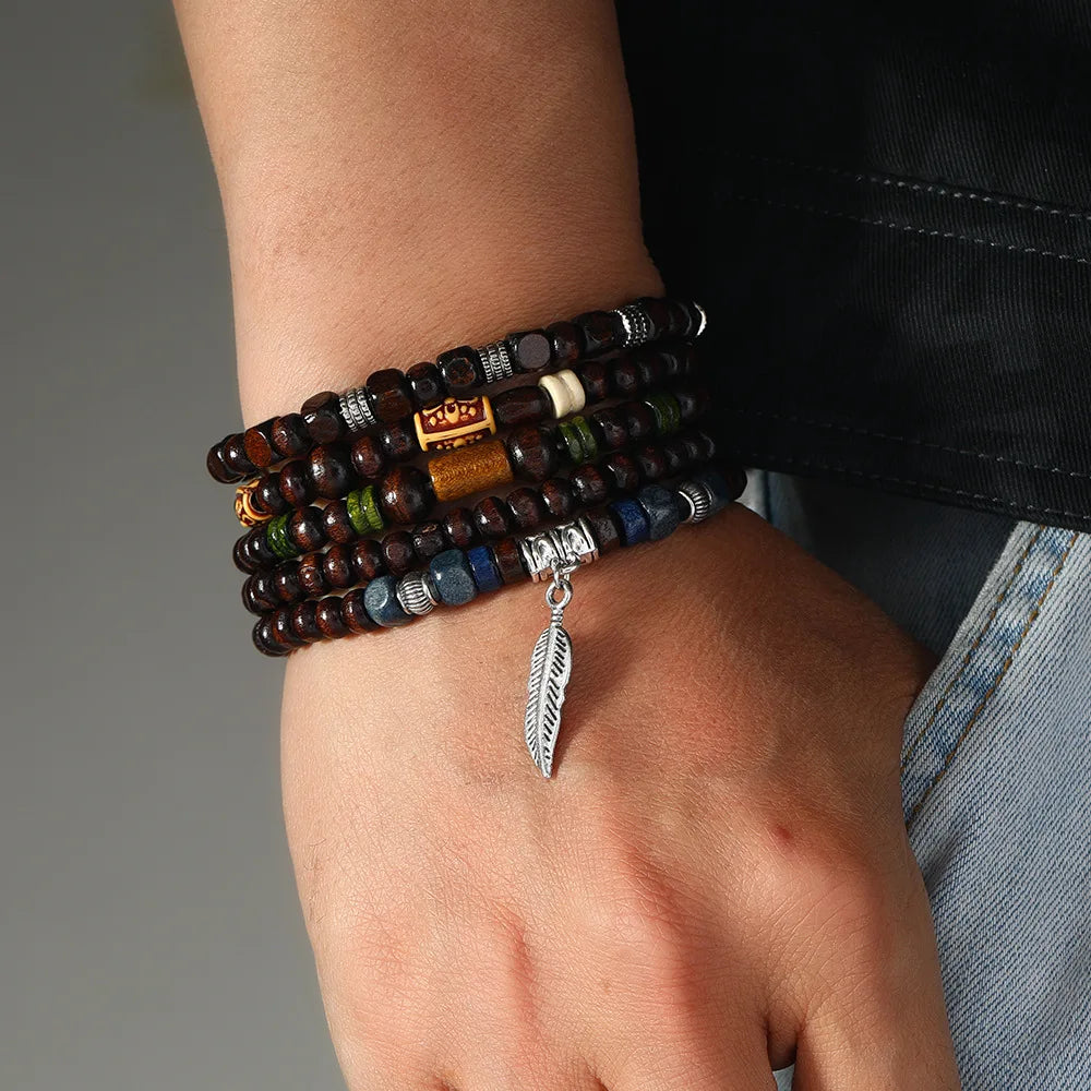 Vintage Bohemia Bracelets Beaded Wood Leaf For Men