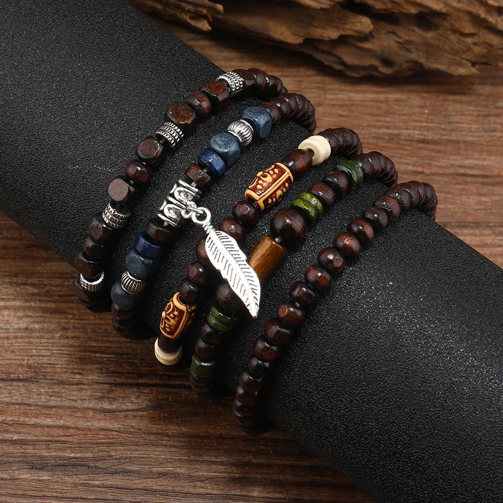 Vintage Bohemia Bracelets Beaded Wood Leaf For Men