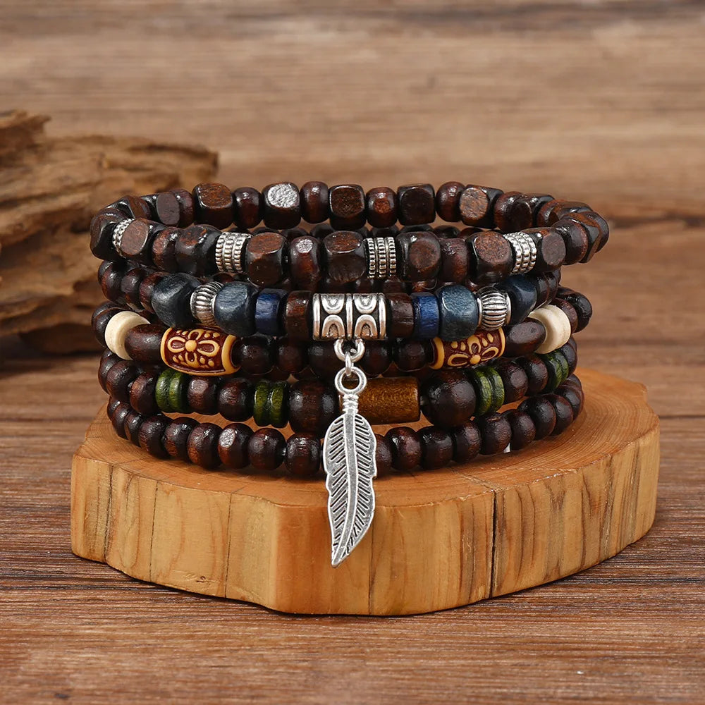 Vintage Bohemia Bracelets Beaded Wood Leaf For Men
