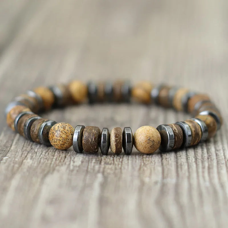 New Vintage Stone Wood Bead Bracelet Hematite Tiger Eye Men