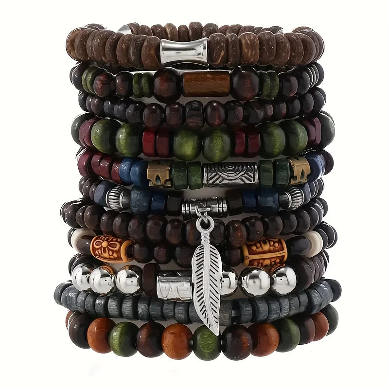 Vintage Bohemia Bracelets Beaded Wood Leaf For Men