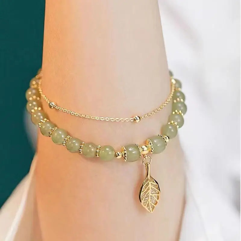 Premium Green Jade Bracelet Double Chain for Women