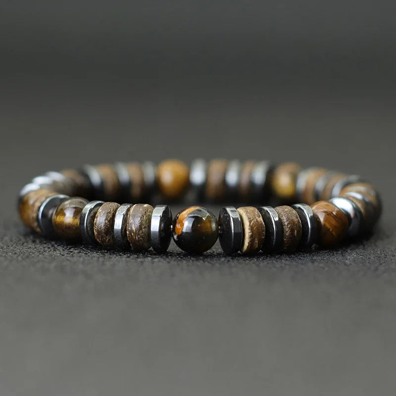 New Vintage Stone Wood Bead Bracelet Hematite Tiger Eye Men