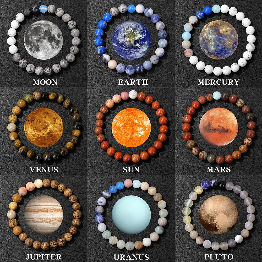 HNSPCN Bead Bracelet Men 8mm Glass Solar System Edition