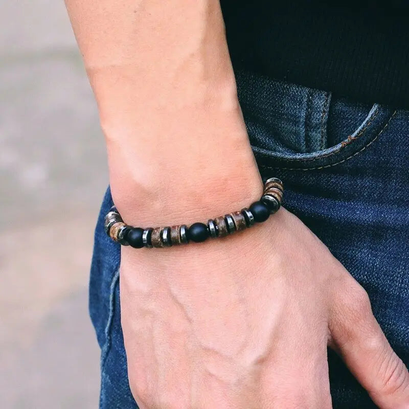 New Vintage Stone Wood Bead Bracelet Hematite Tiger Eye Men