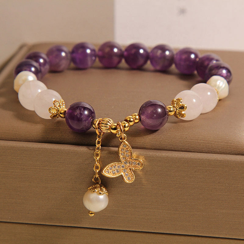 Natural Amethyst Bracelet Women's Light Luxury Minority Retro Exquisite Temperament Butterfly
