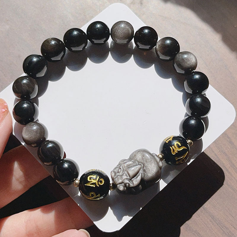 Natural Silver Stone Bracelet Men's Zodiac Anniversary Year Six Words Proverbs Beaded