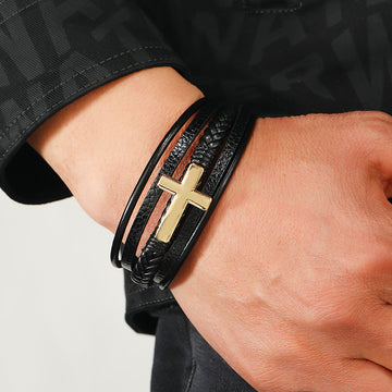 Titanium Cross Leather Bracelet Multi Layer Limited Edition