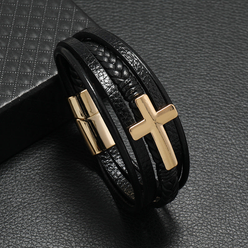 Titanium Cross Leather Bracelet Multi Layer Limited Edition