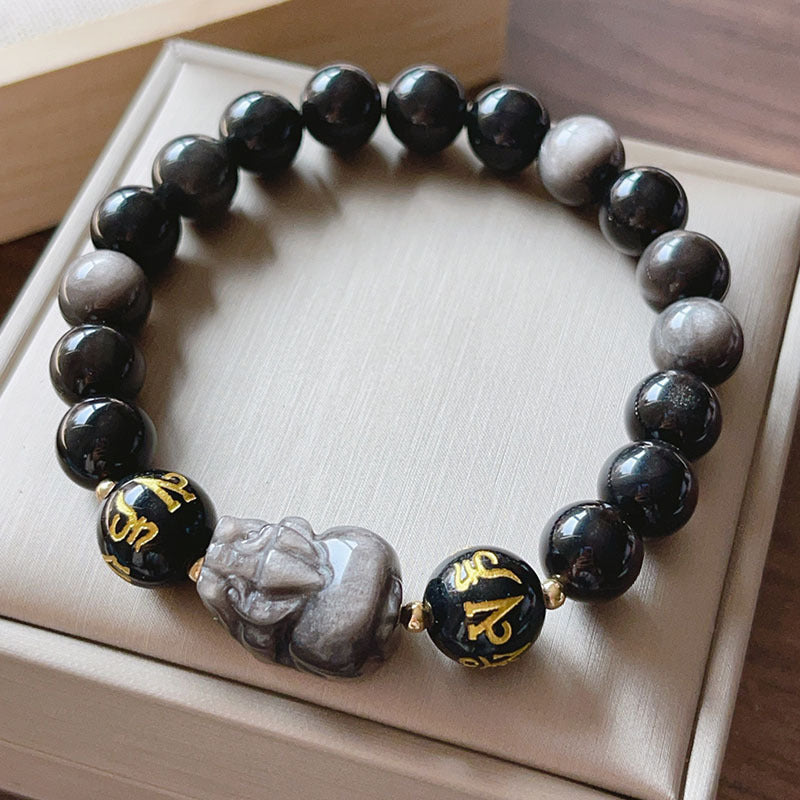 Natural Silver Stone Bracelet Men's Zodiac Anniversary Year Six Words Proverbs Beaded