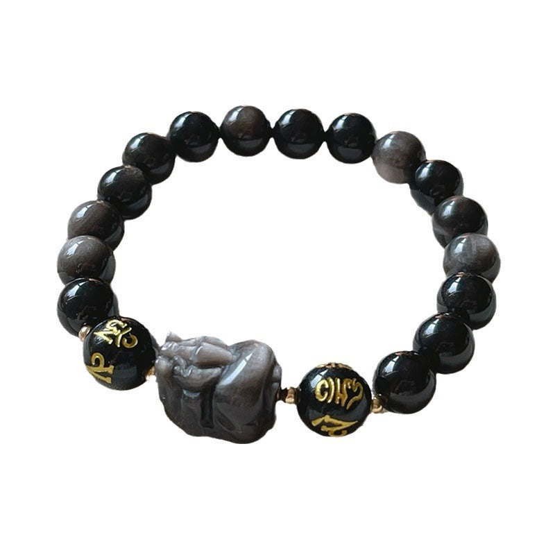 Natural Silver Stone Bracelet Men's Zodiac Anniversary Year Six Words Proverbs Beaded