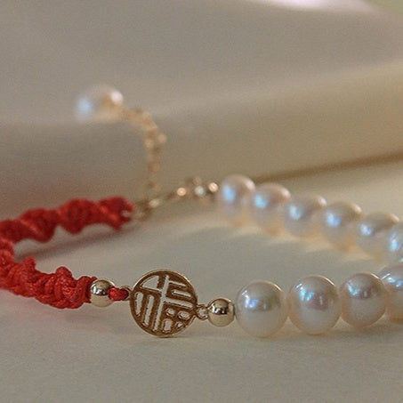 Brand Pearl Red Braided Rope Bracelet Limited 14K Gold